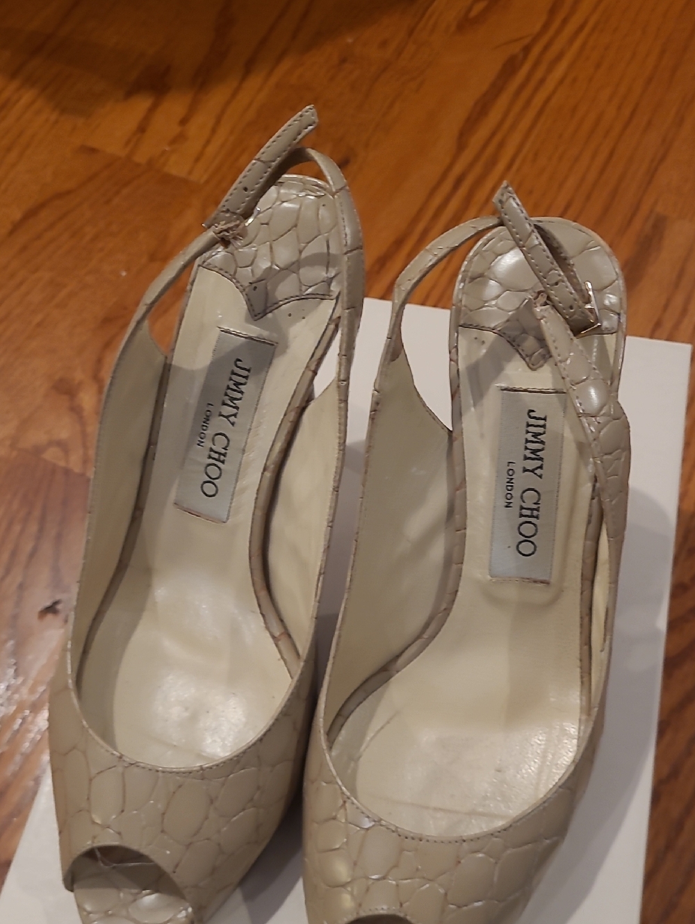 Jimmy Choo Cream Croc-Embossed Slingback Peep-Toe Heels
